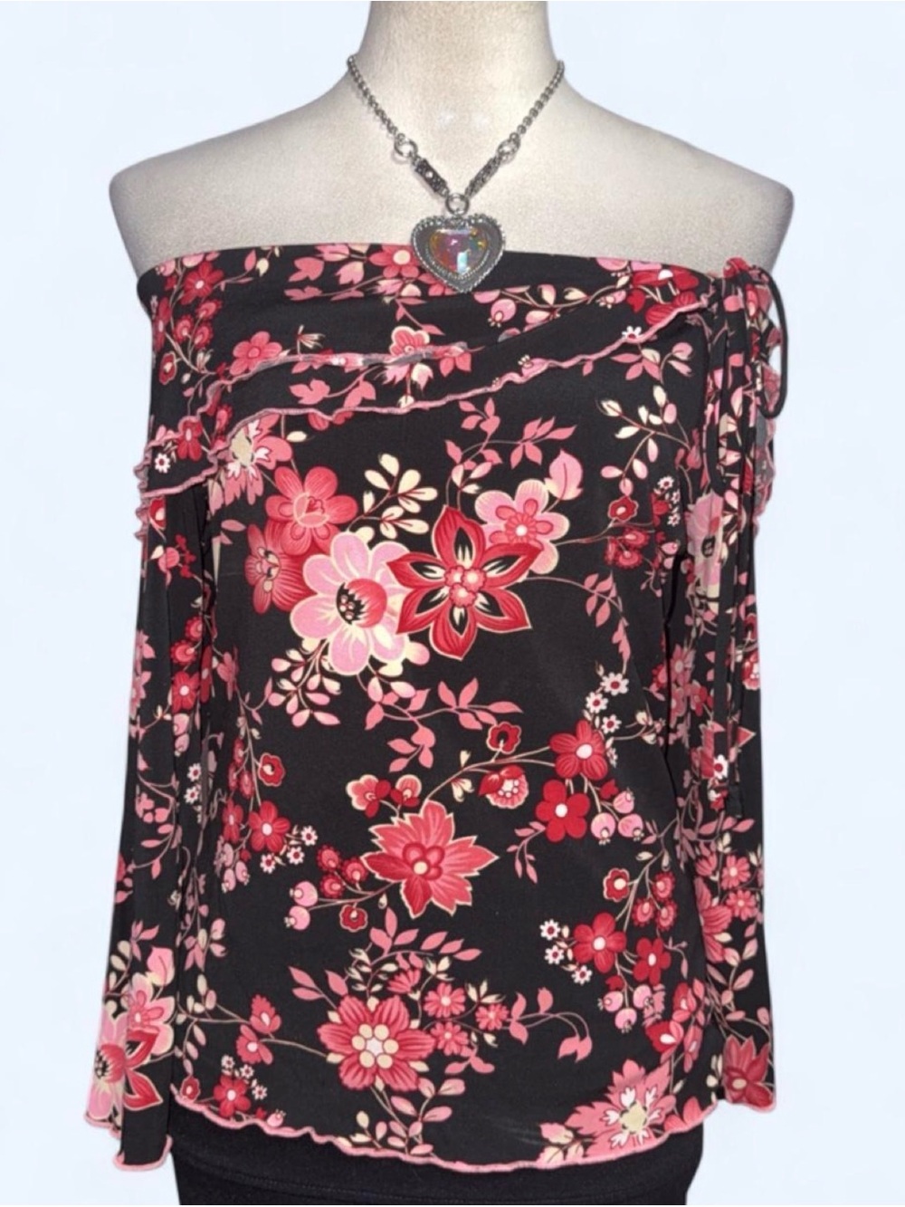 Women's Off-Shoulder Floral Long Sleeve Top - Brown with Pink Floral